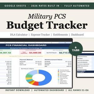 May include: A digital dashboard for military PCS budget tracking. The image shows a computer screen displaying financial data, with the text "Military PCS Budget Tracker" and "2026 Rates Built In". Includes a DLA calculator and expense tracker.