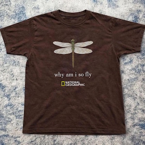 Może przedstawiać: Ciemnobrązowy t-shirt z krótkim rękawem, ozdobiony na środku szczegółową ilustracją ważki. Poniżej owada znajduje się napis "why am i so fly" oraz logo i nazwa marki National Geographic w kolorze białym i żółtym.