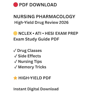 Puede incluir: Fondo blanco con texto: DESCARGA PDF, FARMACOLOGÍA DE ENFERMERÍA High-Yield Drug Review 2026, NCLEX • ATI • HESI EXAM PREP Exam Study Guide PDF. Incluye Clases de medicamentos, Efectos secundarios, Consejos de enfermería y Trucos de memoria.