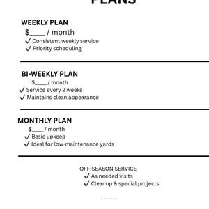 May include: A white graphic with the text "LAWN CARE SUBSCRIPTION PLANS" at the top. Below are three lawn care plans: Weekly, Bi-Weekly, and Monthly, each with service details. Additional services and benefits are also listed.