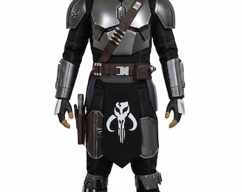 Black Mandalorian Style Bounty Hunter Cosplay Costume | Tactical Flight Suit with Leather Holster Belt | Sci-Fi Armor Outfit
