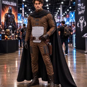 May include: A person in a brown and gray costume with a black cape, gloves, and boots. The costume includes a utility belt and holster. The background features a banner that says "The Mandalorian" and "This is the Way".