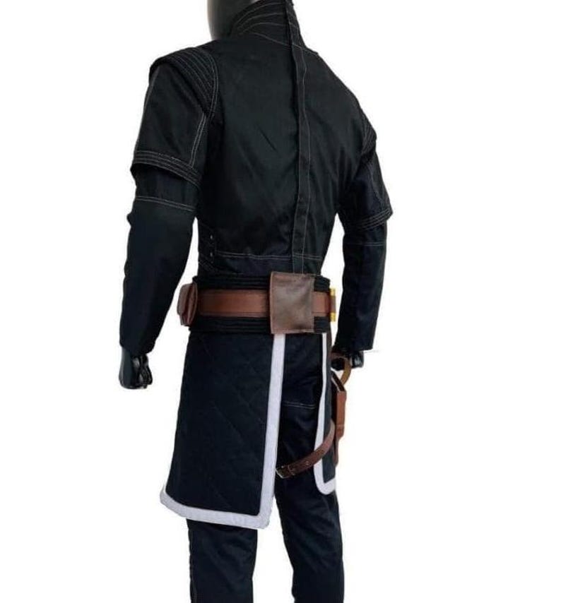 May include: Black costume with a quilted skirt and white trim. The outfit includes a brown belt with pouches and a holster. The jacket has white stitching details. The costume is designed for cosplay or themed events.