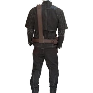 May include: Black tactical outfit with white stitching. The outfit includes a short-sleeved jacket, trousers, and a brown belt with a shoulder strap. The jacket has geometric patterns on the sleeves.