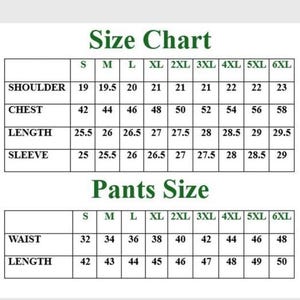 Puede incluir: Una tabla de tallas de ropa con medidas para hombros, pecho, largo y manga. La tabla tambi&eacute;n incluye tallas de pantalones para cintura y largo. Tallas de la S a la 6XL, medidas en cm.