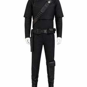 May include: A black costume displayed on a mannequin. The outfit includes a high-collared top, short-sleeved jacket, pants, belt with pouches, shoulder strap, and boots. The costume is all black and appears to be made of a durable material.