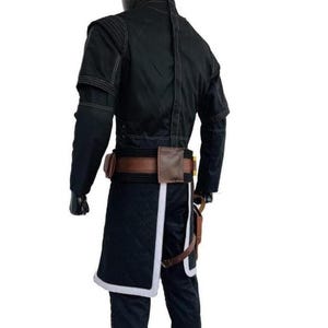 May include: Black costume with a quilted skirt and white trim. The outfit includes a brown belt with pouches and a holster. The jacket has white stitching details. The costume is designed for cosplay or themed events.
