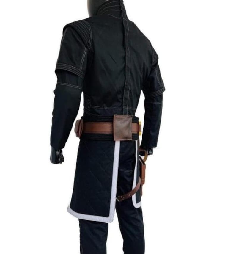 May include: Black costume with a quilted skirt and white trim. The outfit includes a brown belt with pouches and a holster. The jacket has white stitching details. The costume is designed for cosplay or themed events.