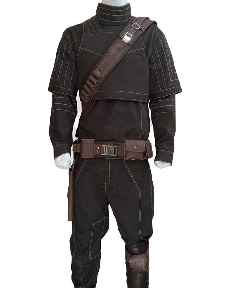 May include: A black costume with white stitching, featuring a high collar, long sleeves, and a cropped jacket. It includes a brown shoulder strap with pouches, a belt with a buckle, and matching pants. The costume has knee pads and a holster.