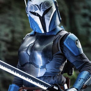 May include: A detailed image of a Mandalorian warrior in full armor. The helmet is blue and white, with a distinctive visor and antenna. The armor is a mix of blue and black, and the warrior holds a glowing sword.