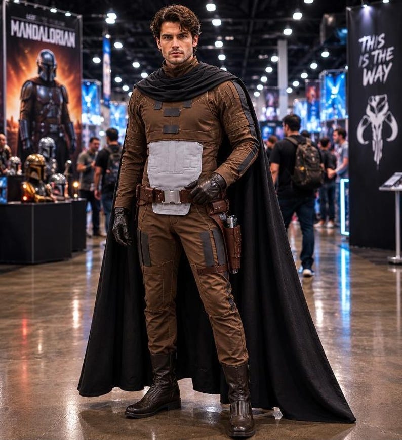 May include: A person in a brown and gray costume with a black cape, gloves, and boots. The costume includes a utility belt and holster. The background features a banner that says "The Mandalorian" and "This is the Way".