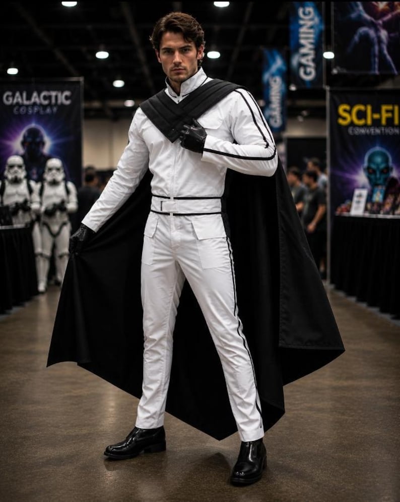 May include: A person in a white costume with black accents, including a cape, gloves, and boots. The outfit has black stripes down the sides of the pants and sleeves. The person is standing in a convention hall with banners for "Galactic Cosplay" and "Sci-Fi Convention."