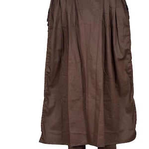 May include: A brown two-piece outfit, featuring a long-sleeved top with a high collar and a matching pair of pants. The top has a cape-like design that extends down the back. The outfit is made of a solid, dark brown fabric.