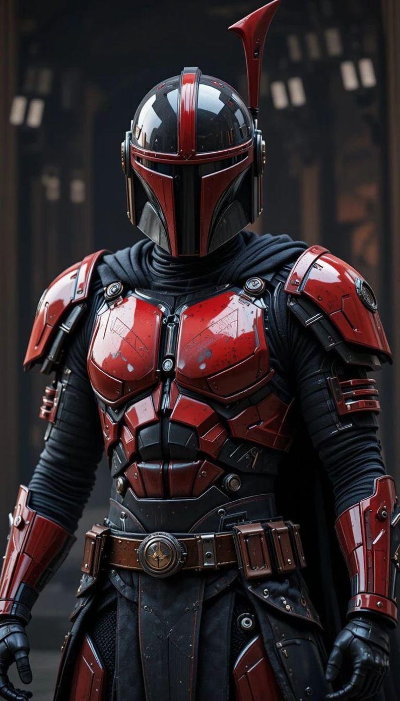 May include: A detailed image of a Mandalorian warrior in full armor. The helmet and armor are primarily red and black, with intricate detailing. The warrior is wearing a black cape and a utility belt.
