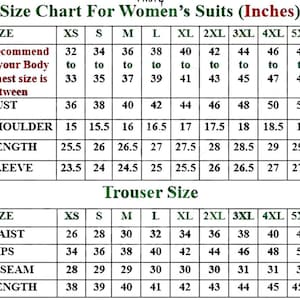 Puede incluir: Tabla de tallas para trajes de mujer, con medidas en pulgadas. Muestra medidas de busto, hombros, largo y manga para chaquetas, y cintura, cadera, entrepierna y largo para pantalones. Tallas de XS a 5XL.