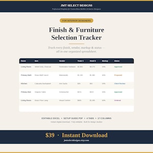 Puede incluir: Una plantilla de hoja de cálculo digital para diseñadores de interiores, titulada "Finish & Furniture Selection Tracker". El diseño incluye una tabla para rastrear acabados, proveedores, márgenes y estado. La plantilla está disponible para descarga instantánea.