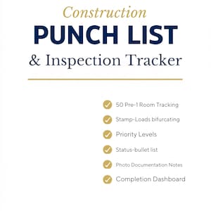 Construction Punch List Template | Final Walkthrough Checklist | New Home Inspection Form | Builder Completion Tracker Excel