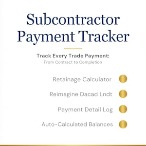 Op de afbeelding: Digitaal document getiteld "Subcontractor Payment Tracker" met de tekst "Track Every Trade Payment: From Contract to Completion". Bevat een retentiecalculator en automatisch berekende saldi. Directe digitale download.