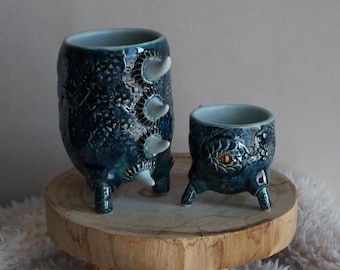 Drachen Tassen Set, Fantasy Keramik Set, Goblincore Keramik, Drachenbecher & Drachenaugen Tasse, Blaues Fantasy Tassen-Set, Witchy Decor Geschenk
