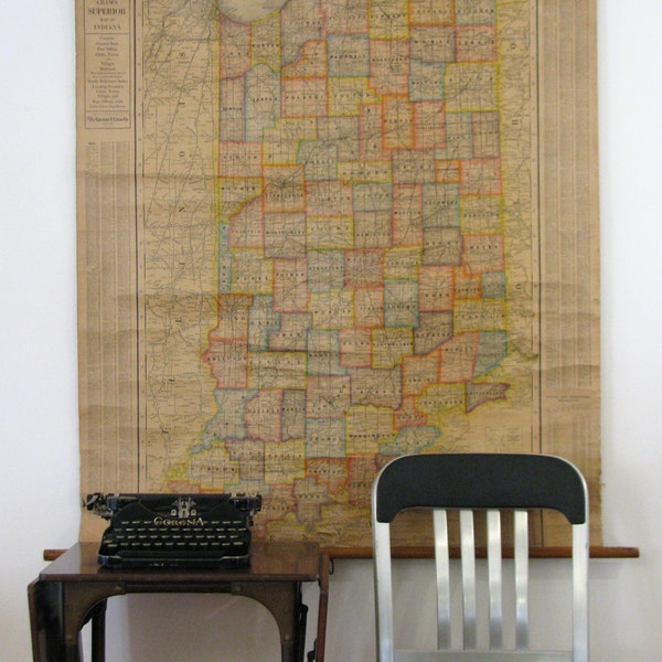 Vintage School Pull Down Map of Indiana by Cram 1920s School House Wall Map and Charts Indiana Counties Deco Industrial Historical Decor