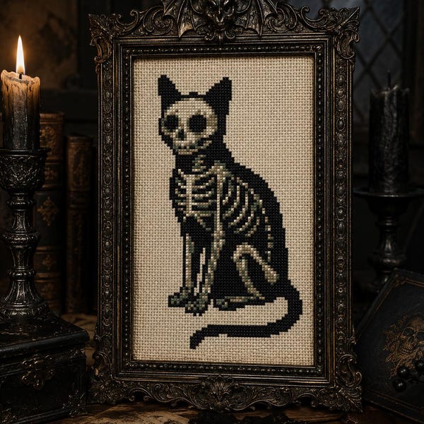 Gothic Skeleton Cat Cross Stitch Pattern PDF, Halloween Embroidery, Spooky & Gothic