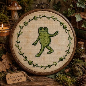 May include: A cross-stitch embroidery hoop featuring a green frog design. The frog is centered on a beige fabric, surrounded by a green vine border. The wooden hoop measures approximately 5.9 x 5.9 inches. The design has a rustic, handmade aesthetic.