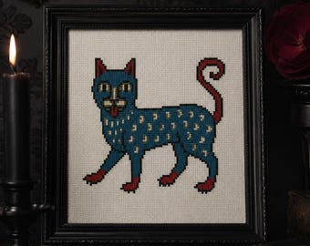 Quirky Cat kruissteekpatroon pdf, verlicht primitief borduurwerk voor beginners