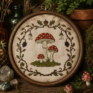 Peut inclure: Broderie au point de croix représentant trois champignons à chapeau rouge et pieds blancs sur une base verte, encadrée d'un cercle en bois marron. Le motif comprend une bordure de feuilles et de vignes vertes, sur fond neutre.