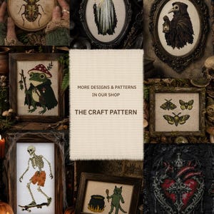 May include: A collection of framed cross-stitch embroidery art featuring a beetle, a ghost, a plague doctor, a frog, moths, a skeleton on a skateboard, a cat with a cauldron, and a heart. Text reads: MORE DESIGNS & PATTERNS IN OUR SHOP THE CRAFT PATTERN.