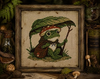 Kikkerreiziger kruissteekpatroon pdf, borduursel goblincore pad, bosdecor