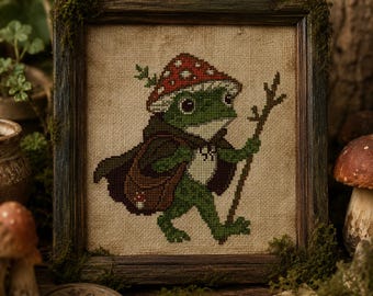 Goblincore-kikker kruissteekpatroon pdf, borduurontwerp paddenstoel
