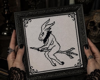 Blackwork Witchy Goat kruissteekpatroon pdf, middeleeuws en gotisch borduurontwerp