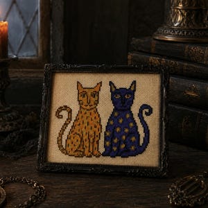 May include: A framed cross-stitch embroidery featuring two stylized cats sitting side by side. One cat is orange with darker orange spots, and the other is dark blue with yellow star-shaped patterns, both set against a light beige fabric background.