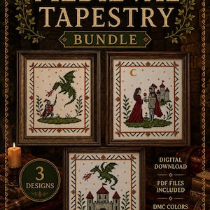 May include: A digital download bundle featuring three cross-stitch patterns titled Medieval Tapestry Bundle. The designs include a knight fighting a dragon, a knight with a person near a castle, and a dragon flying over a castle, all in frames.
