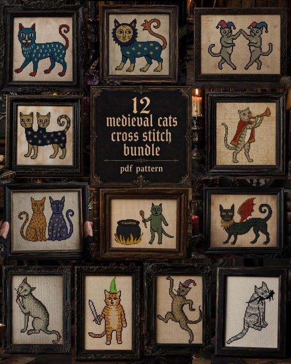 Medieval Cat Cross Stitch Bundle PDF, 12 Weird Cats Patterns Download