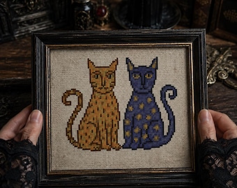 Twee rare katten kruissteekpatroon pdf, gotisch en middeleeuws kattenborduurwerk voor beginners