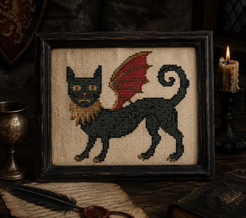 May include: A framed cross-stitch embroidery on tan fabric featuring a black cat with yellow eyes, a gold ruff around its neck, and red dragon-like wings. The cat has a curled tail and is depicted in a standing position within a dark wooden frame.