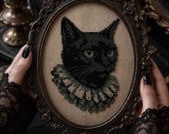 Gothic Black Cat Cross Stitch Pattern PDF, Victorian Decor, Dark Academia Embroidery