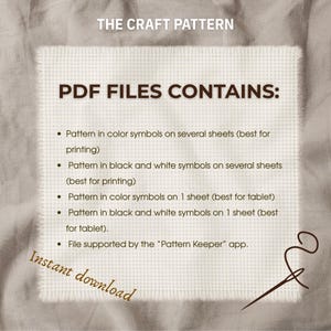 May include: A square white card with frayed edges featuring the text THE CRAFT PATTERN and PDF FILES CONTAINS: followed by a list of pattern formats in color and black and white symbols for printing or tablet use, plus Pattern Keeper app support.
