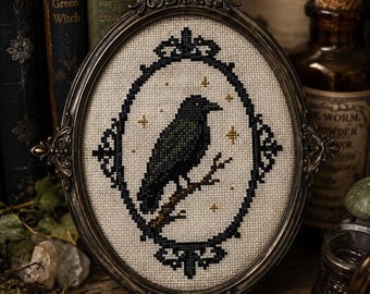 Gotische raaf kruissteekpatroon pdf, Dark Academia Crow-naaldpunt, Victoriaans decor