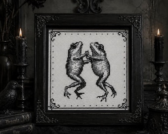 Gotische kikker kruissteekpatroon pdf, Dark Academia Frog-borduurwerk, middeleeuws decor