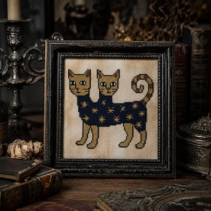 May include: A framed cross-stitch embroidery featuring a two-headed cat with tan fur and blue eyes. The cat wears a dark blue garment decorated with gold star patterns. The embroidery is set against a beige fabric background in a dark wooden frame.