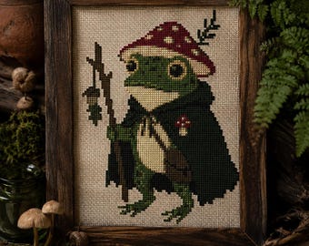Goblincore Frog Cross Stitch Pattern PDF, Cottagecore Toad Embroidery