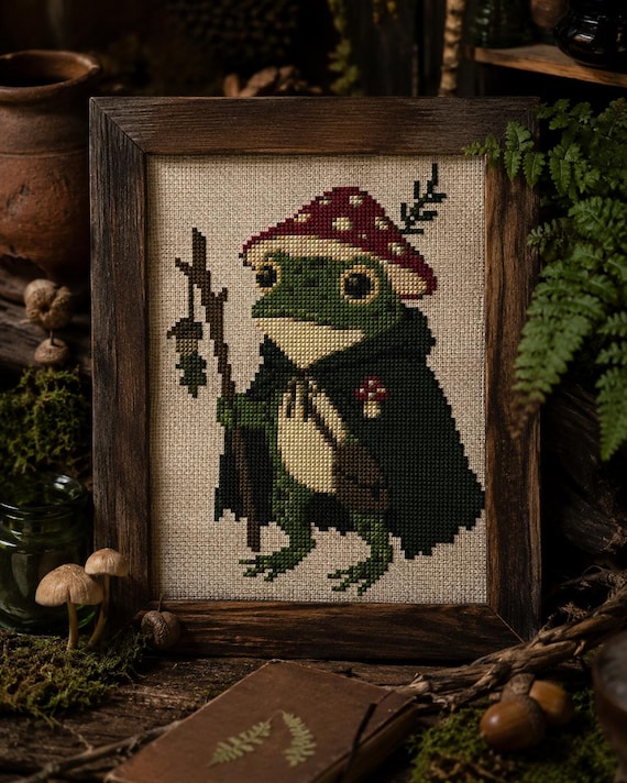 Goblincore Frog Cross Stitch Pattern PDF, Cottagecore Toad Embroidery