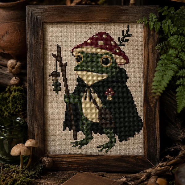 Borduurpatroon van een Goblincore-kikker (PDF), Cottagecore-pad (borduurwerk)