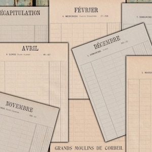 Könnte beinhalten: Ein Satz druckbarer Vintage-Kalenderseiten für die Monate April, Dezember, Februar und November. Die Seiten sind in Französisch und tragen den Text "Grands Moulins de Corbeil".