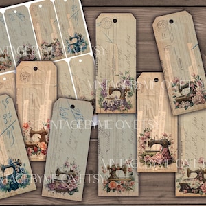 Digitale Vintage naaien Ephemera Tags, afdrukbare naaiset voor junk journaling en scrapbooking, vintage naaimachine clipart - 2943