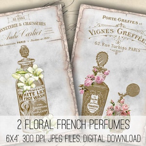 French Perfume Bottles Collage Sheet: Floral Ephemera (Digital Download)