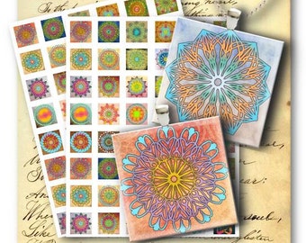 Digital Images - Digital Collage Sheet Download - Rosette Mandalas 1 inch square -  508   for Jewelry Pendants - Instant Download Printables