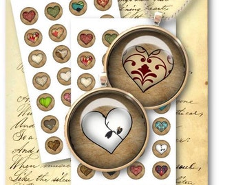 DIGITAL Hearts 1 inch Circle for Jewelry Pendants - Digital Collage Sheet Download -127- Instant Download Printables